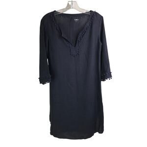 Three Dots Dress Womens Size XS Navy Blue Pom Pom Trim V-Neck‎ 3/4 Sleeve